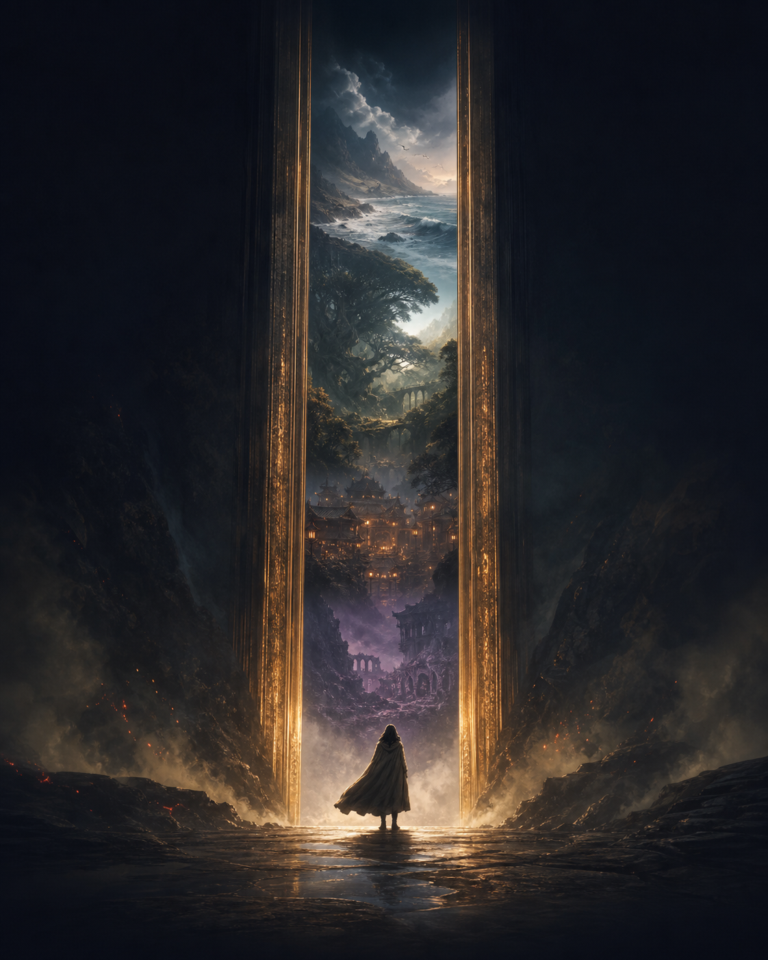 A lone traveller stands before a glowing doorway opening onto several worlds.